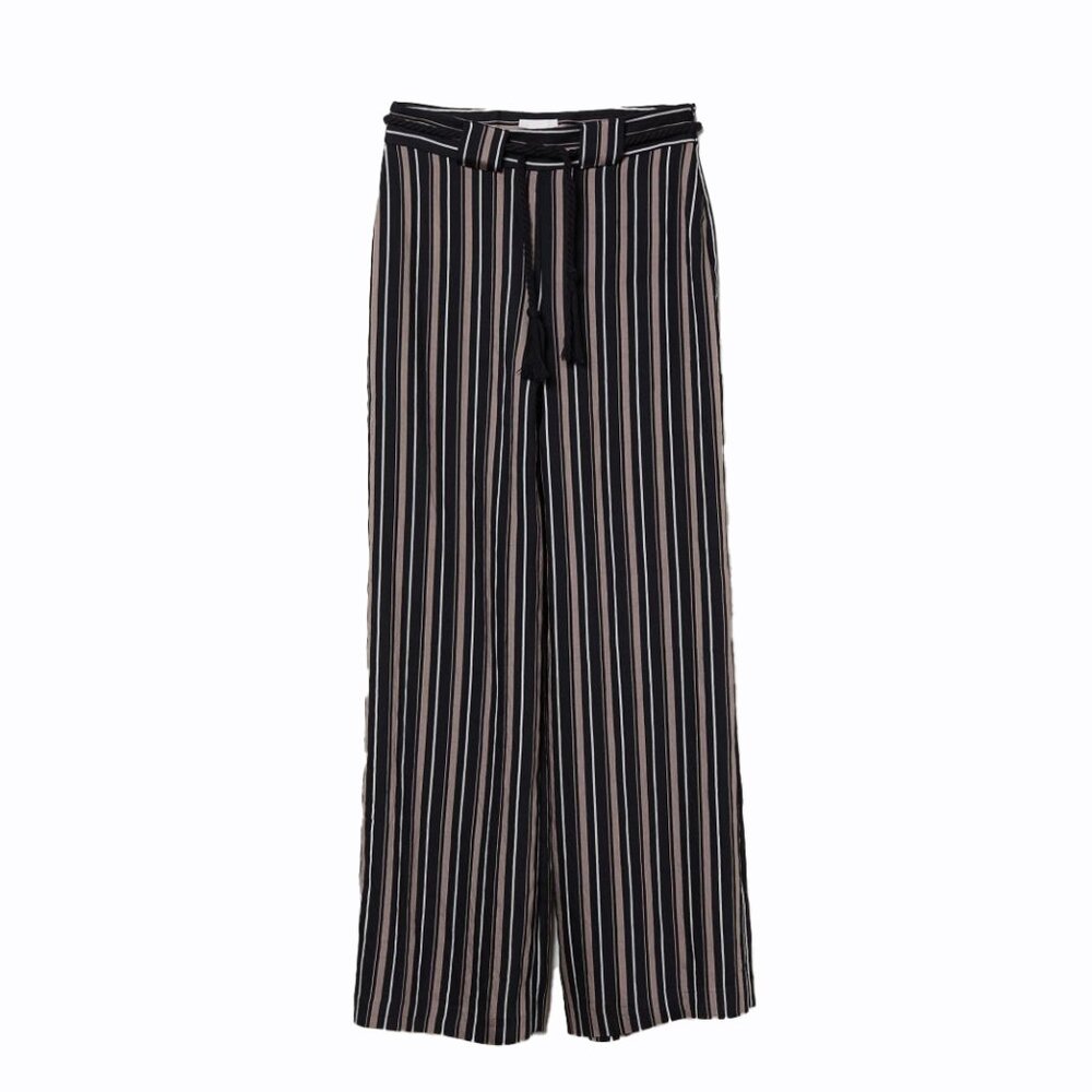 H&M Womens Stripe Wide-leg Pants with Rope Belt Black and Beige Size 8 NWT